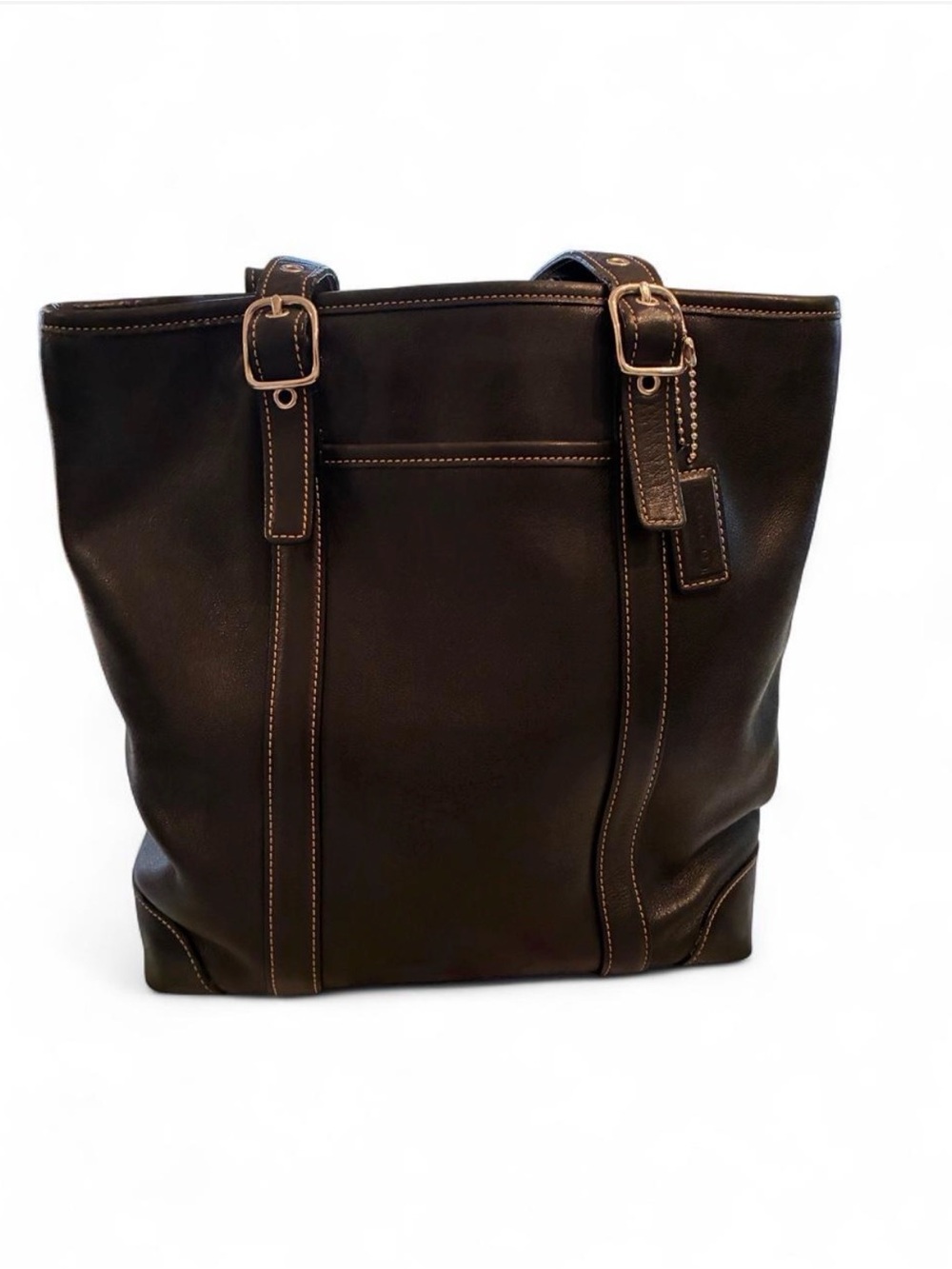 Vintage Coach Black Leather Bucket Tote with Buckle detail and white stitching